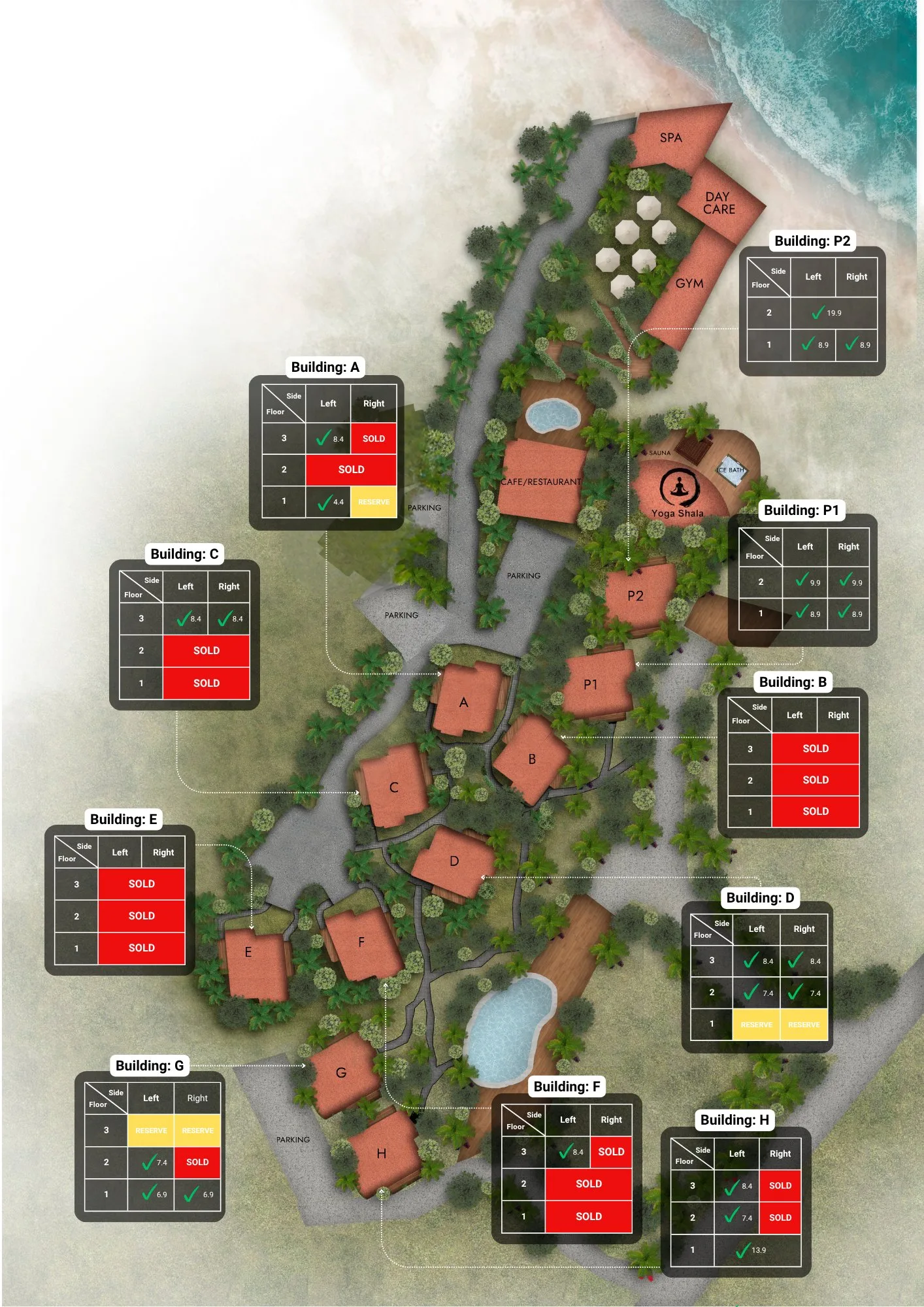Gaia Residence site plan - all buildings, amenities and available units