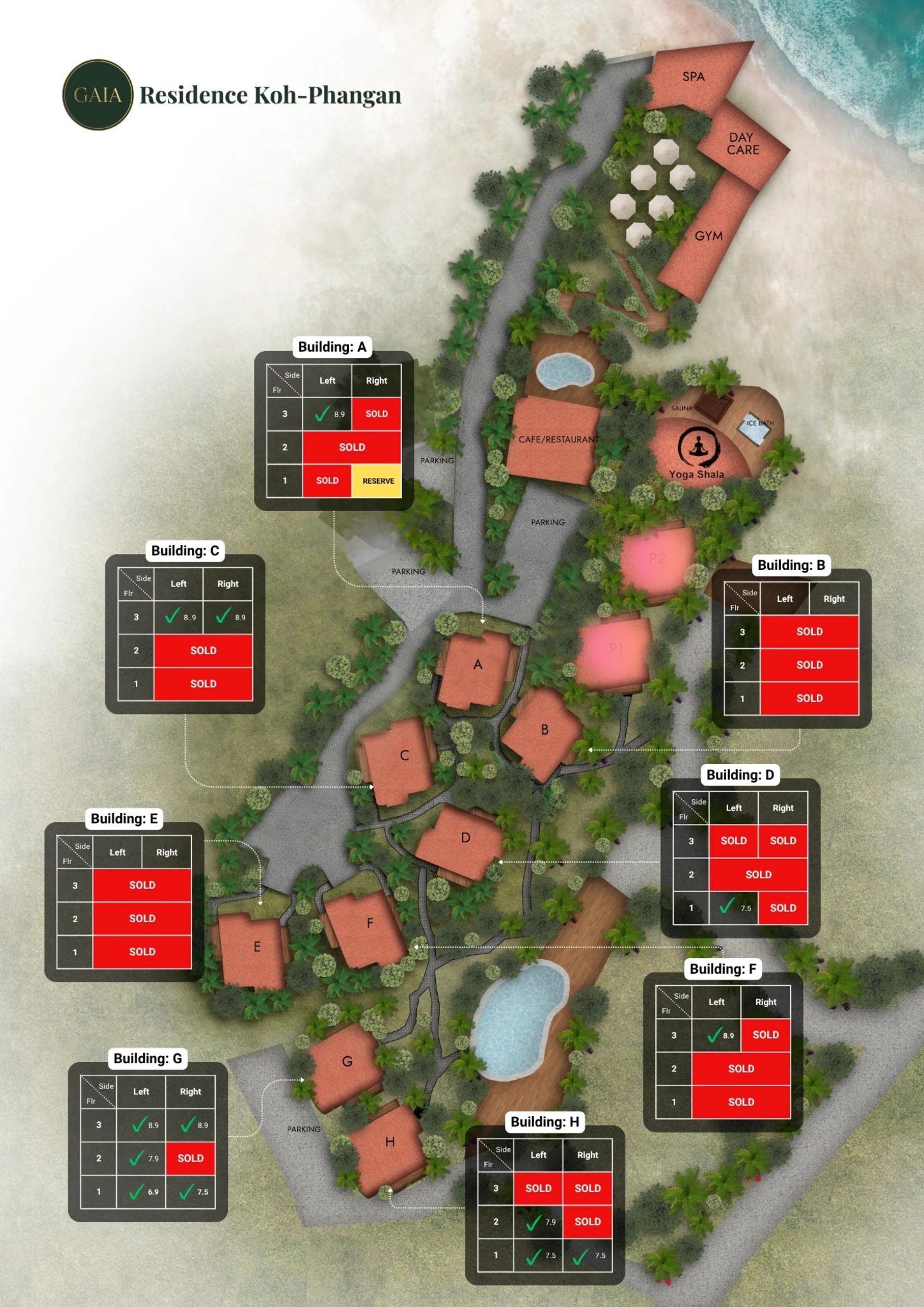 Gaia Residence site plan - all buildings, amenities and available units