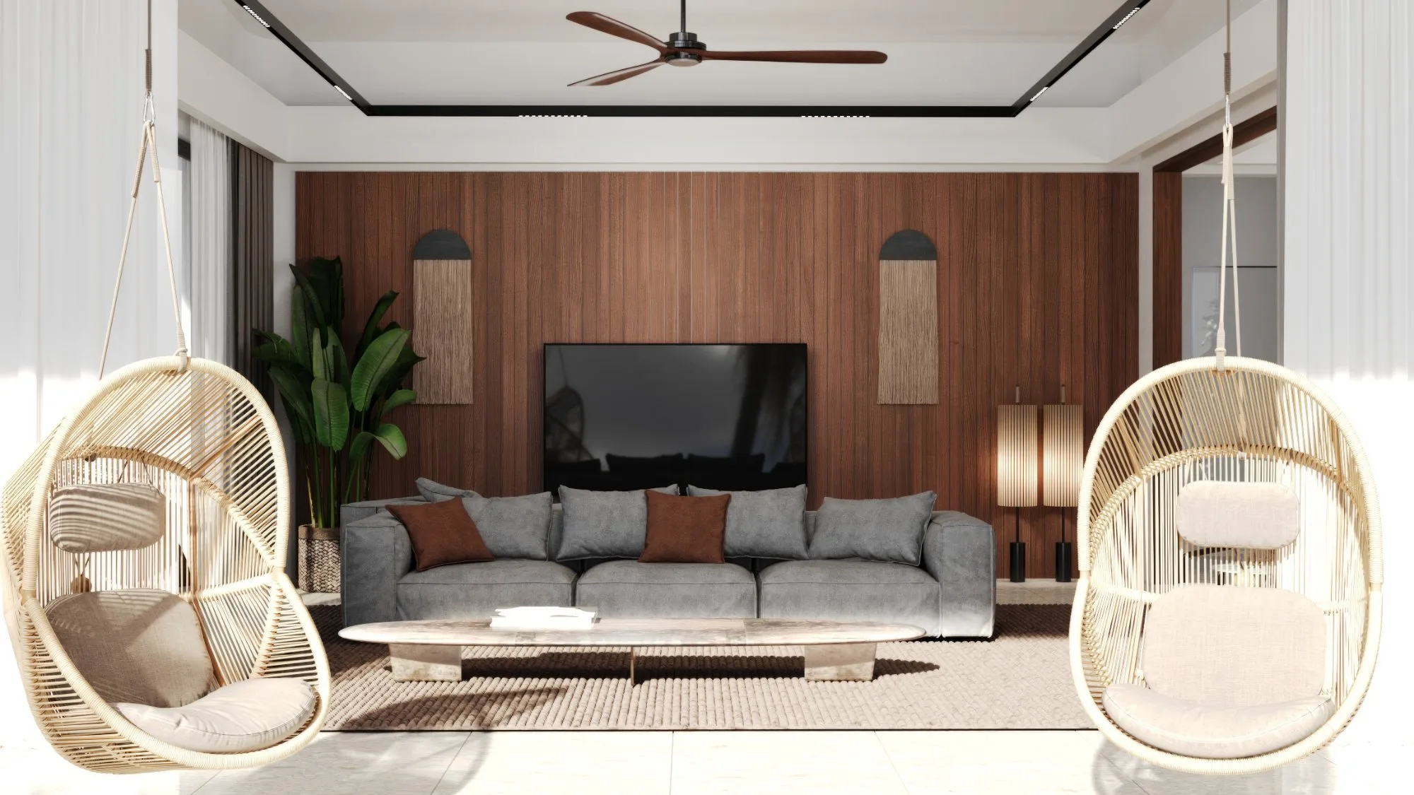 Penthouse living with hanging chairs